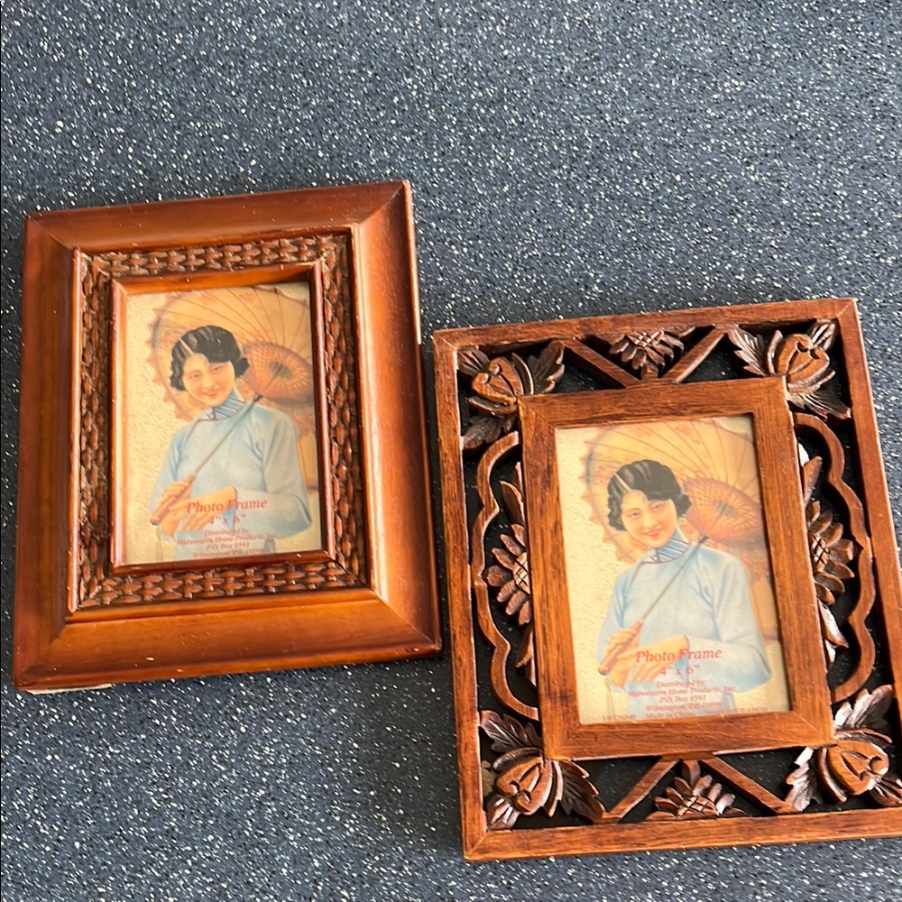 2 Elegant Asian Themed Brown Wood Carved 4x6 Photo Frame Set